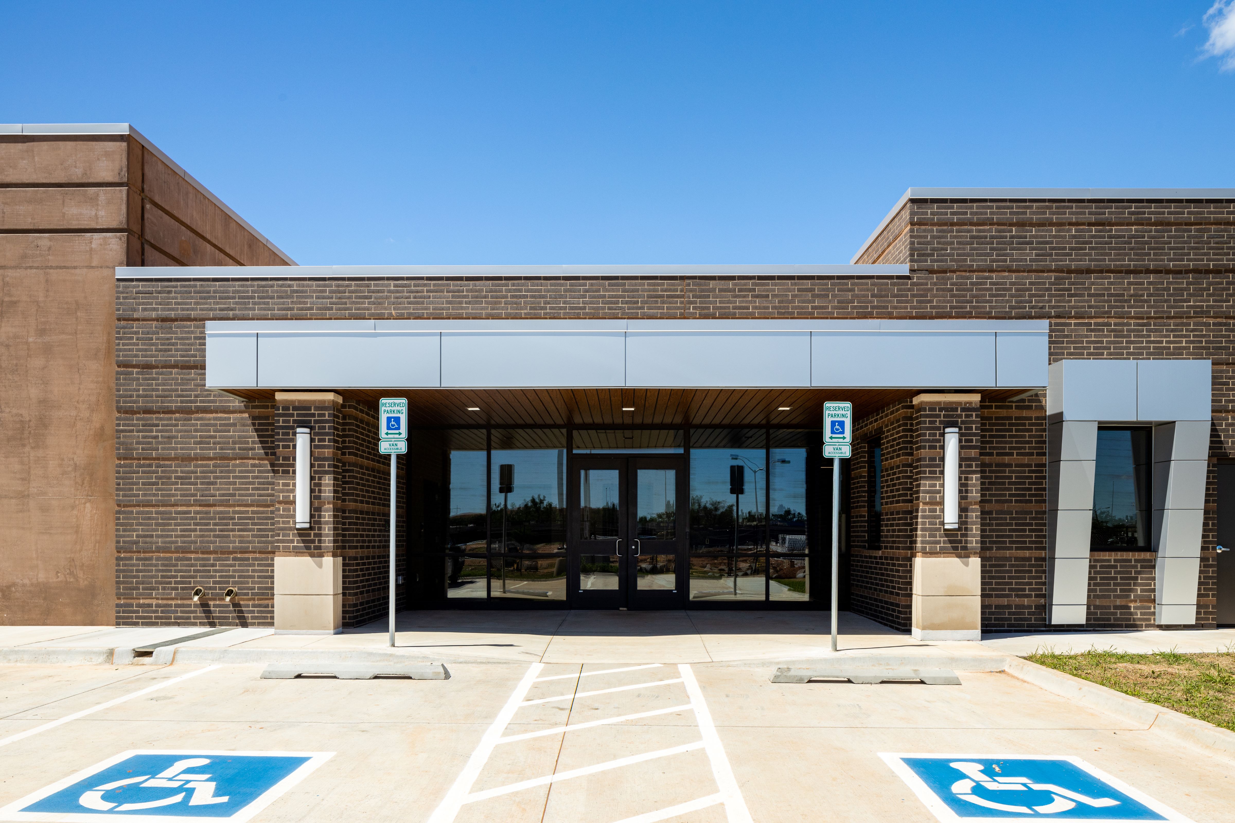 The front entrance of the Metro Technology Centers- Law Enforcement Training Center was designed by Renaissance Architecture.